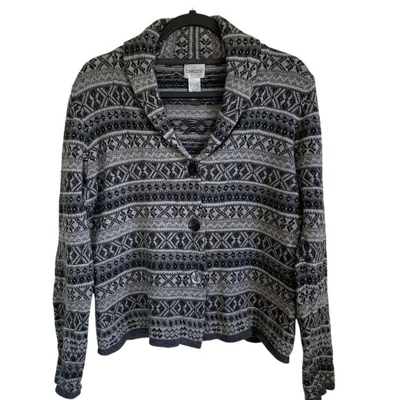 Chico’s Fair Isle Shawl Collar Cardigan Sweater Sz L Wool Blend Gray Cabincore - Picture 1 of 9